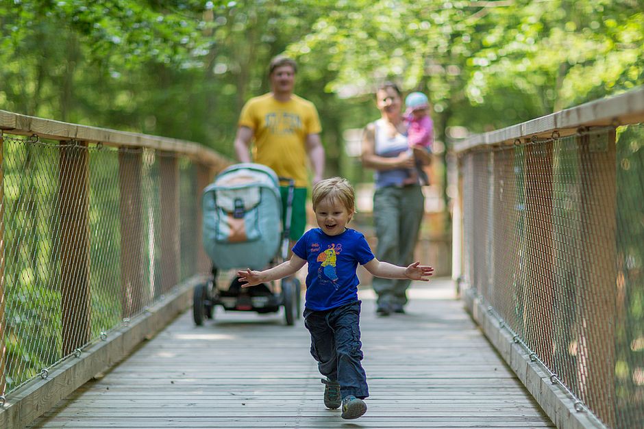 Eine Familie läuft den Weg entlang