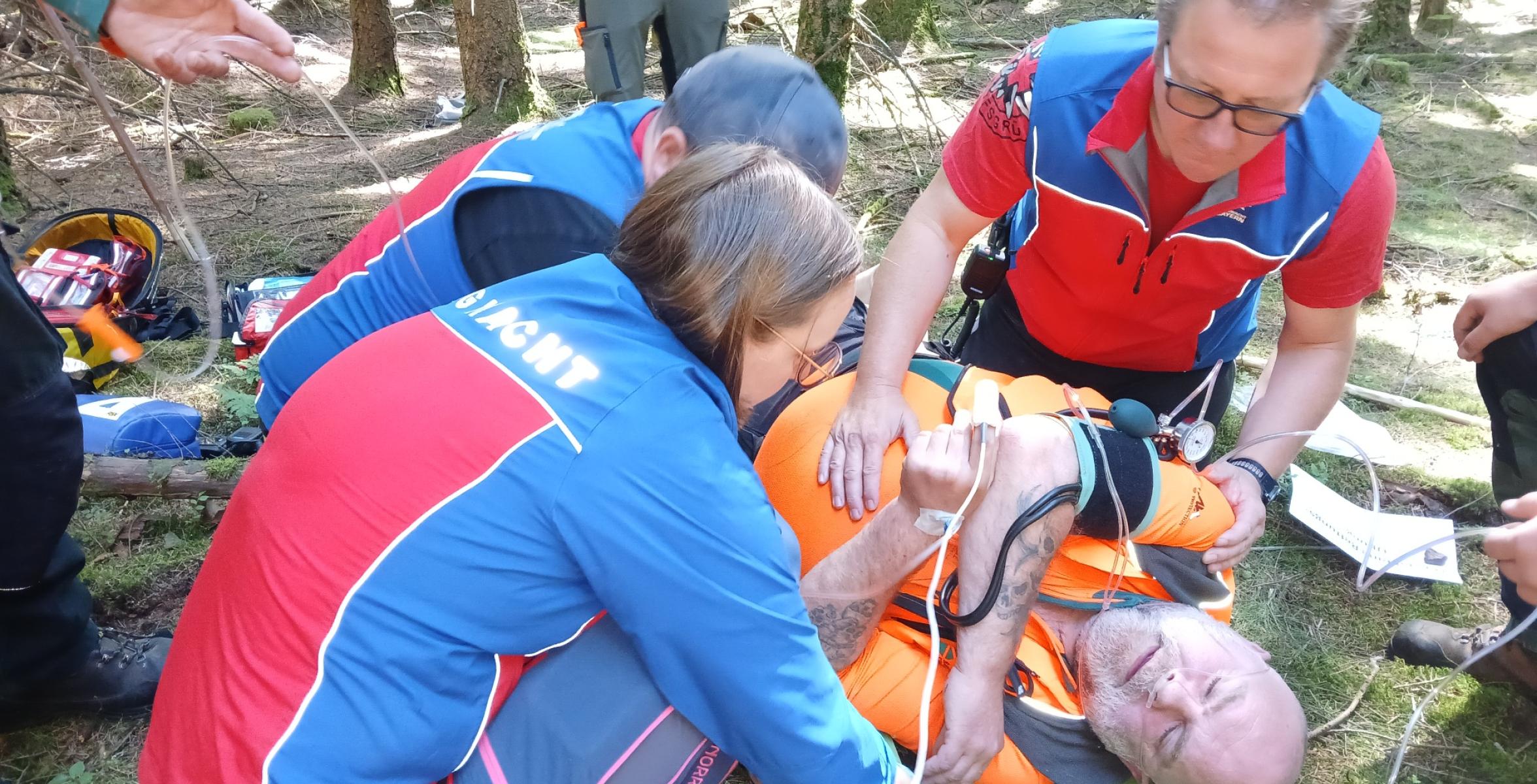 Bei einer Rettungsübung kümmern sich Sanitäter um einen verunfallten Forstwirt