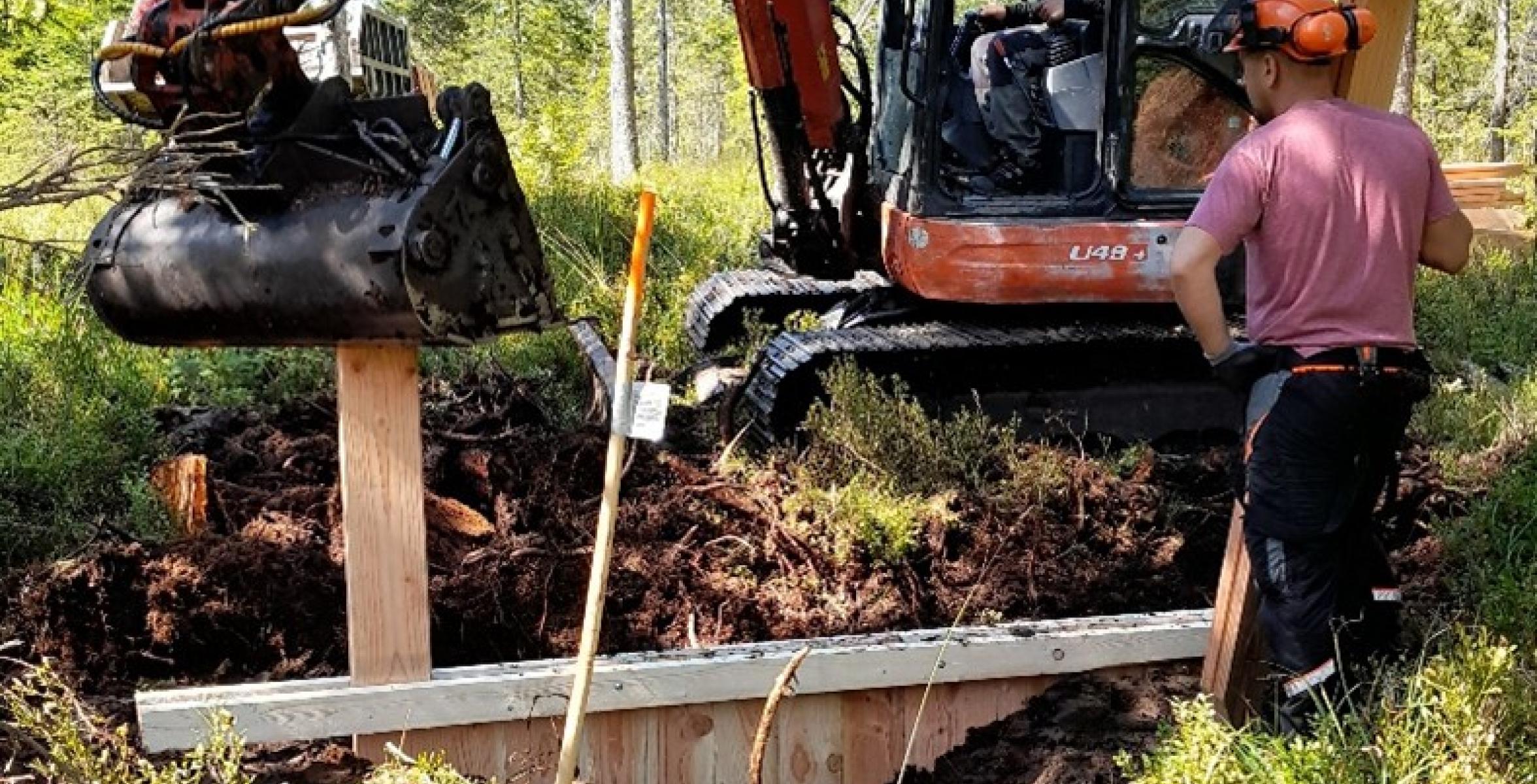 Bau der Spundwand eines Holzdammes mit einem kleinen Bagger