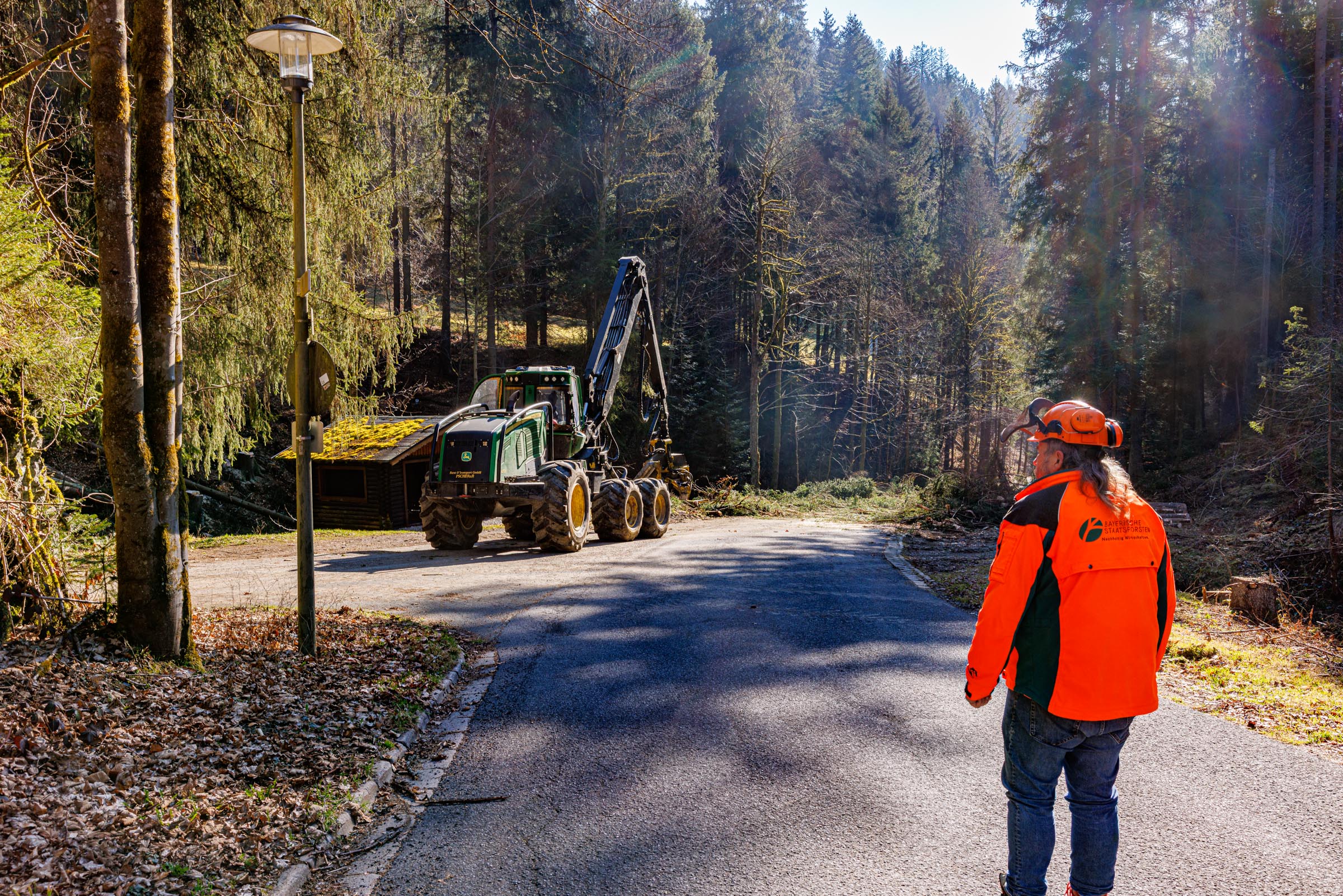 Peter Lehner, Forstwirt bei den Bayerischen Staatsforsten, sichert die Holzfällung im Kropfbachtal bei Warmensteinach ab.