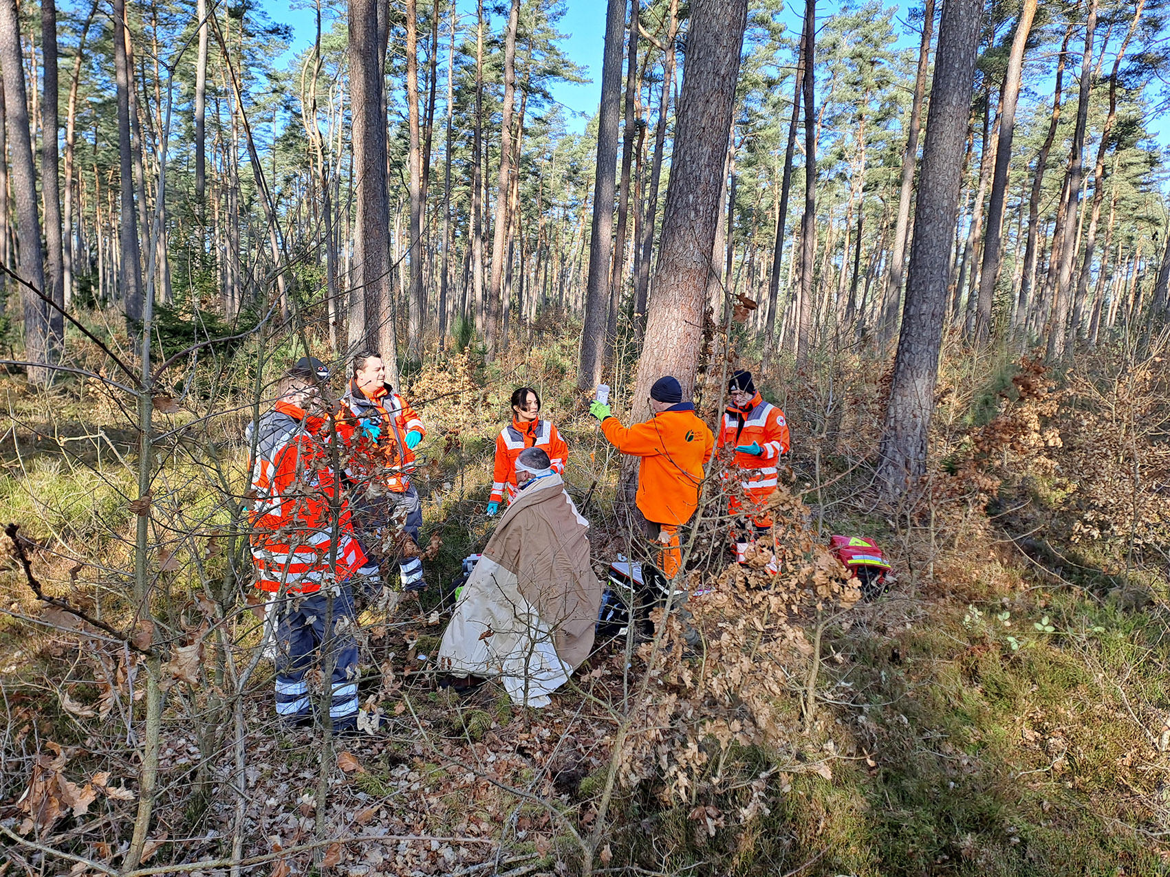Forstwirte führen im Wald eine Rettungsübung durch