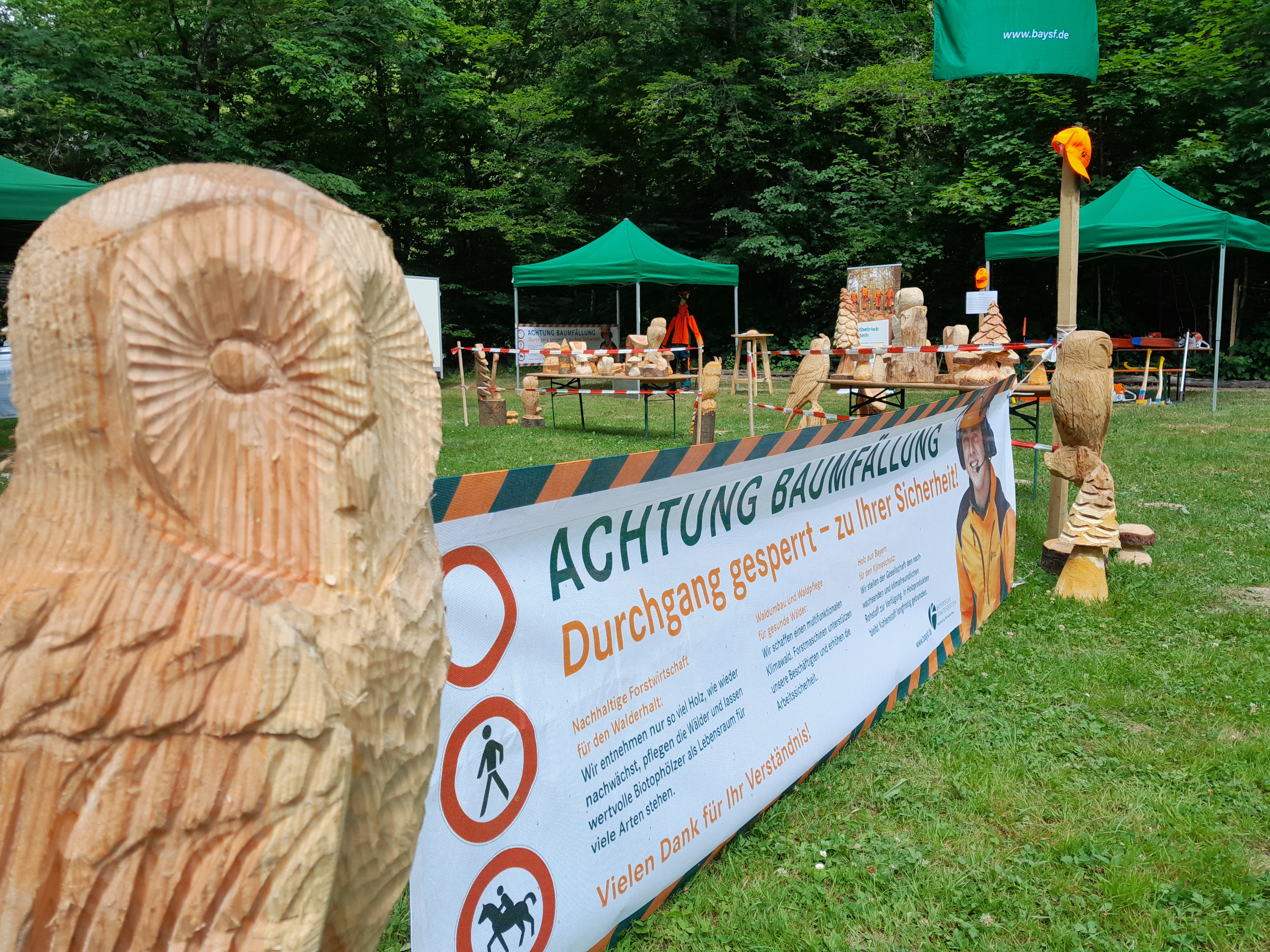 Holzeule mit Banner am Tag des offenen Waldes am Forstbetrieb Arnstein