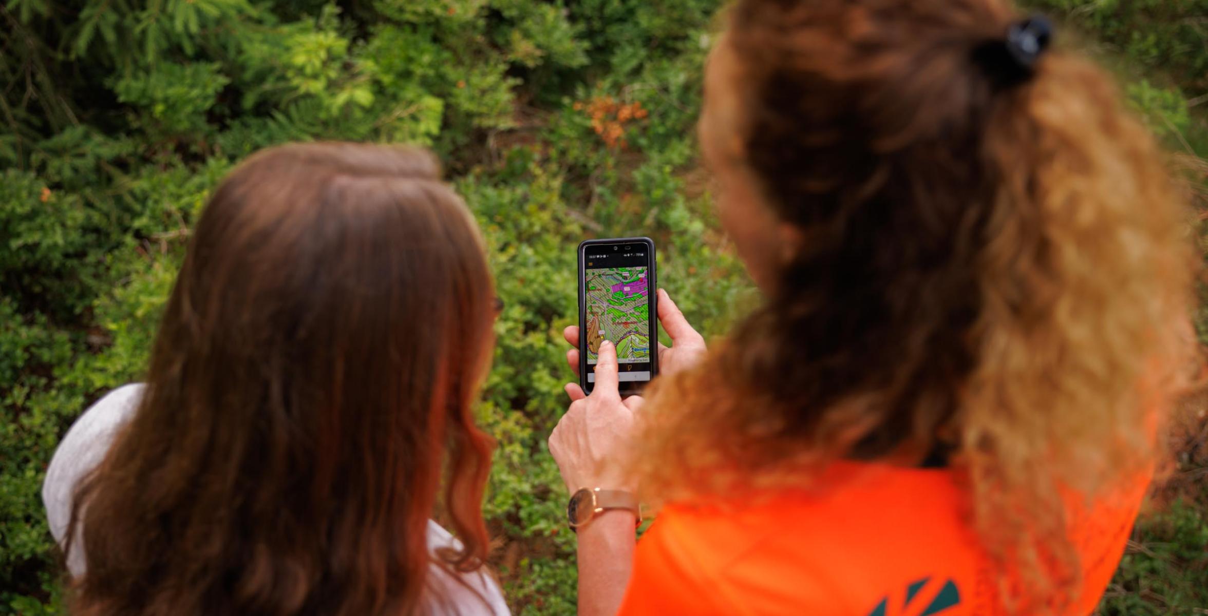 Försterinnen zeigen auf Smartphone, wo die Borkenkäferbäume markiert sind auf einer Karte