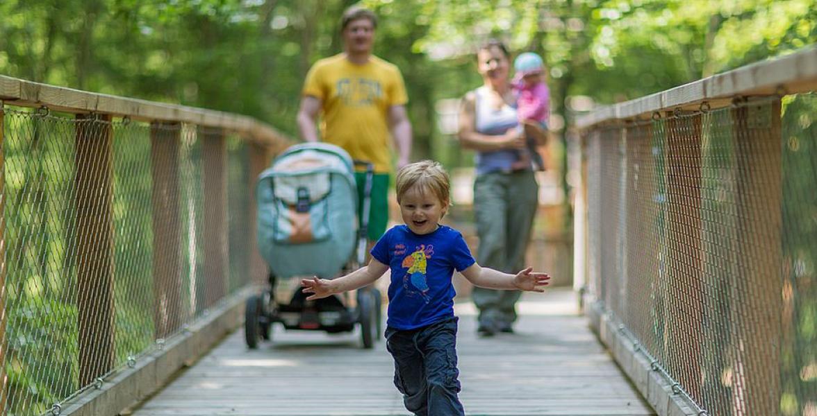Eine Familie läuft den Weg entlang