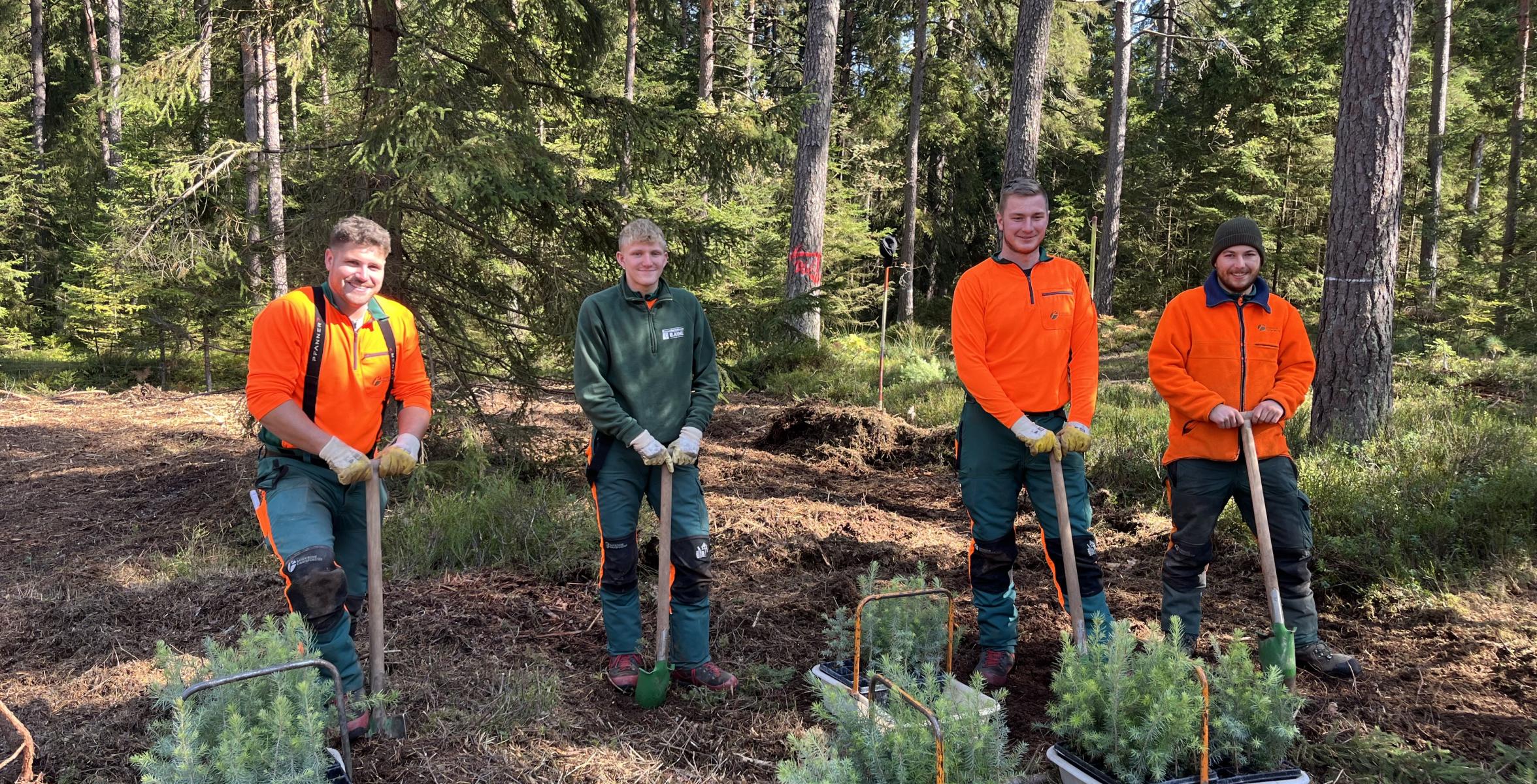 3 neue Forstazubis und ihr Ausbilder im Wald