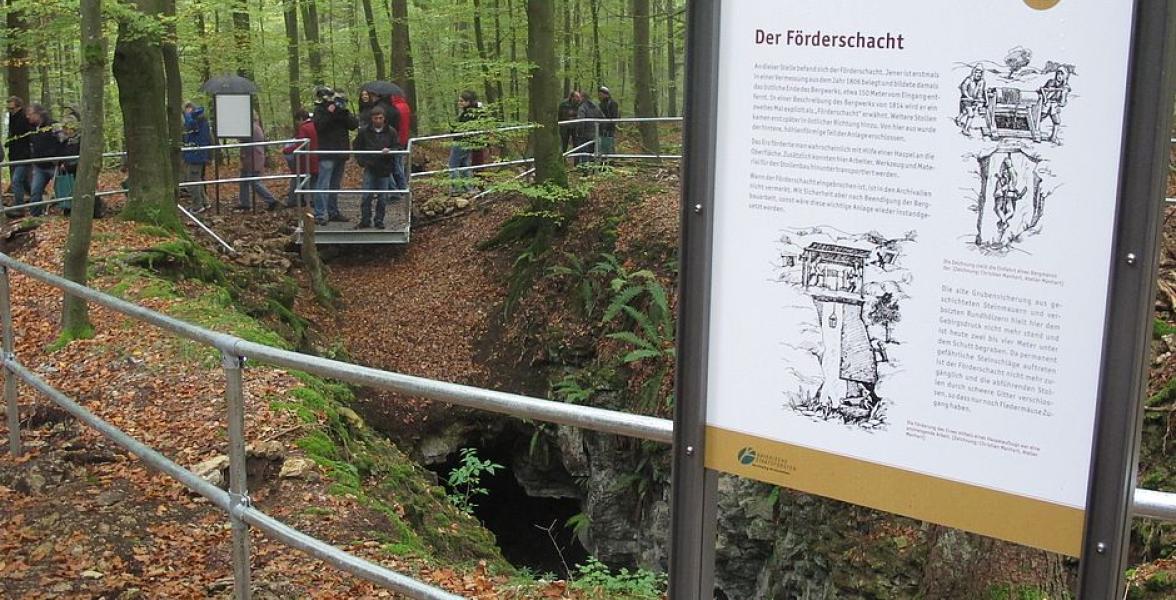 Infotafel im Wald. Im Hintergrund Menschen.