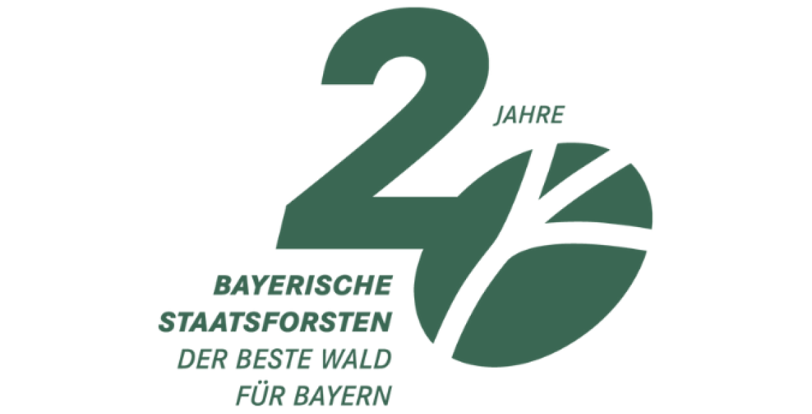 Logo 20 Jahre Bayerische Staatsforsten grün, Slogan: der beste Wald für Bayern