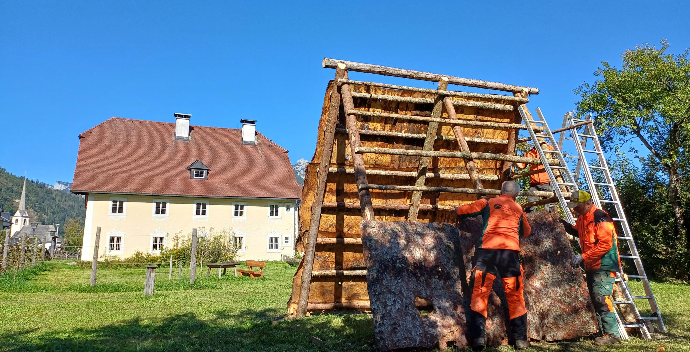 Waldarbeiter bauen im Forstbetriebsgarten einen historischen Rindenkobel nach